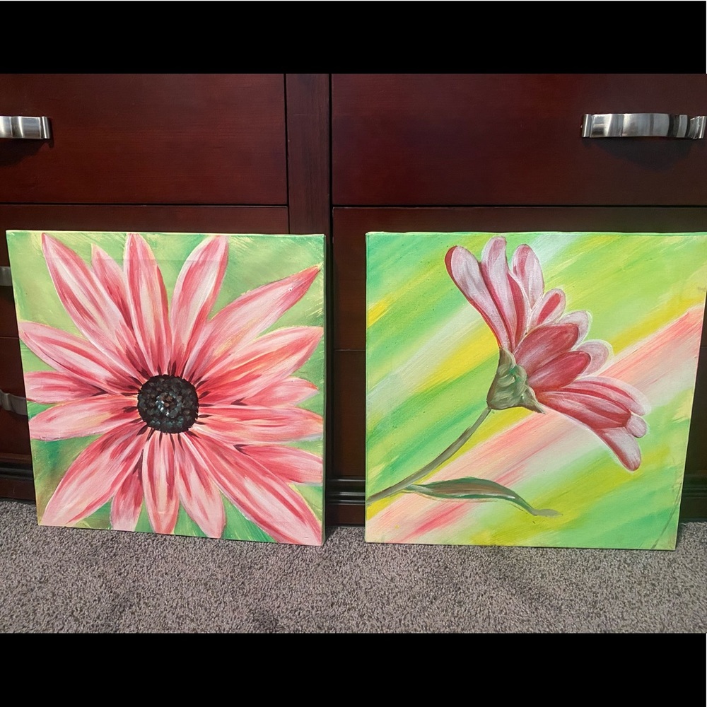 Pink hand painted daisy canvas